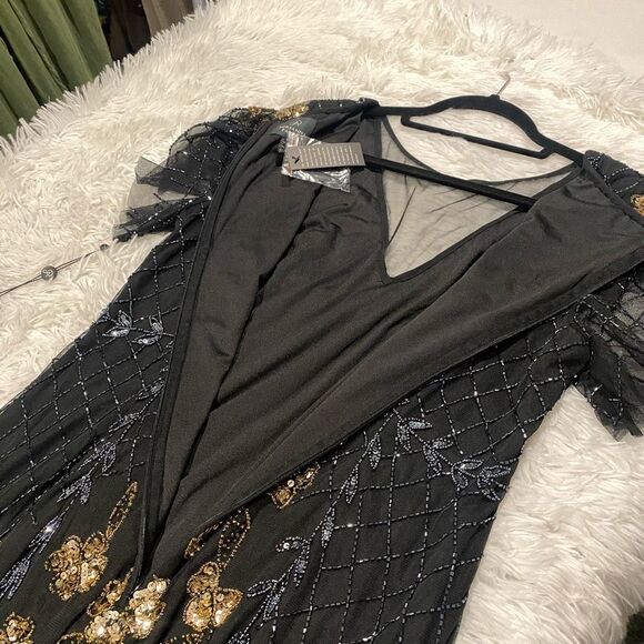 NEW Adrianna Papell Flutter Sleeve Beaded Gown in Black Gold Size 14 - Picture 10 of 11
